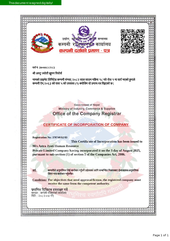 Certificate of Incorporation – Astra Jyoti Human Resource, Registration No. 370748/82/83